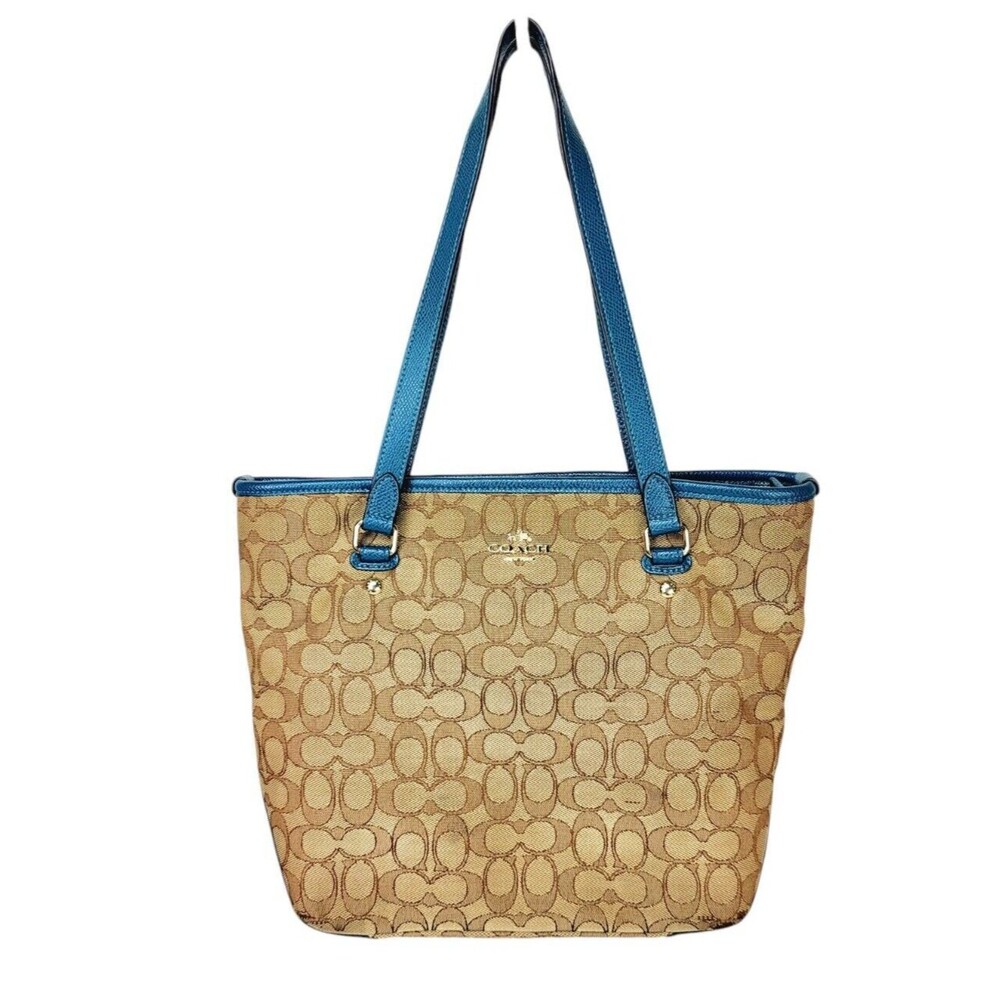 Coach Khaki Canvas Blue Leather Monogram Signature Tote Shoulder Bag Purse